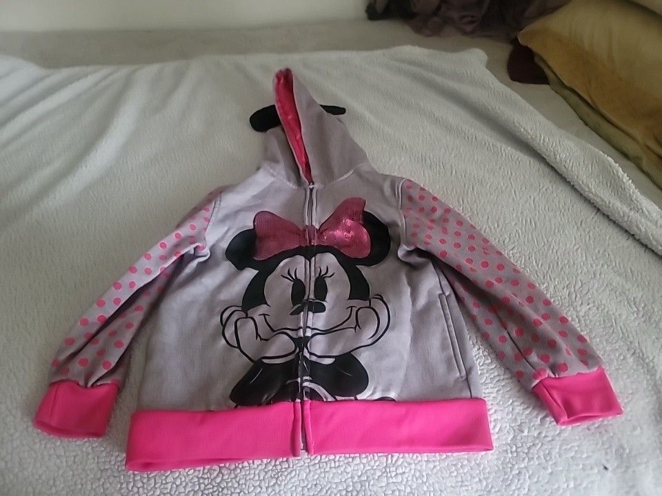 Disney Girls Sequins Minnie Mouse Zip Up Hoodie Jacket Pink Gray Kids Size 6