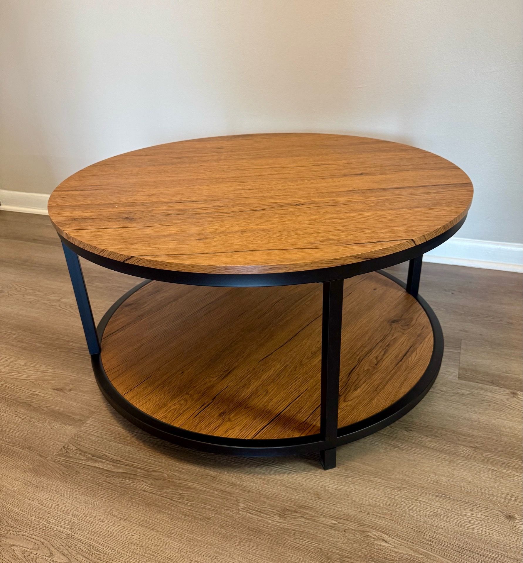 Round Rustic Coffee Table with Storage Shelf