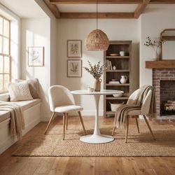 Homy Casa Clift 3PC Dining Set 31.5” White Round Dining Table with 2 Zomba Beige Fabric Dining Chairs