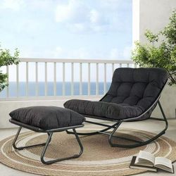 Rocking Chair with Foot Stool, Metal Outdoor Rocking Chair with Cushion and Foot Rest, Comfy Lounge Rocker for Living Room Porch Patio,