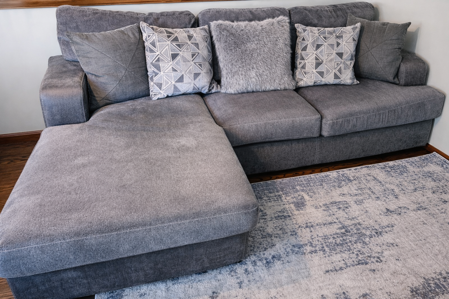 Modern Gray Sectional Couch with Chaise + Matching Swivel Chair – Excellent Condition