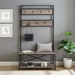 Modern Farmhouse X Back Hall Tree with Bench, 72 Inch, Grey Wash