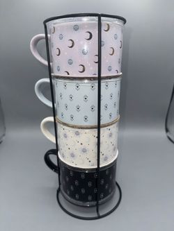Thyme & Table 11.1 fl oz Assorted Celestial Stoneware Stacking Mugs with Wire Rack