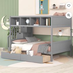 Churanty Twin Over Full Bunk Beds with Staircase and Drawers, Wooden Bunk Bed Frame with Storage Shelf for Kids, Gray