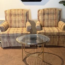 2 Vintage Mid Century Ethan Allen Traditional Classics Tweed Plaid Skirted Tufted Armchairs