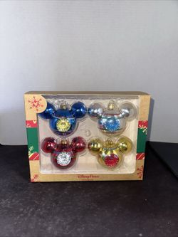 Disney Parks Mickey Mouse Glass Christmas Ornaments Set of 4 Brand New