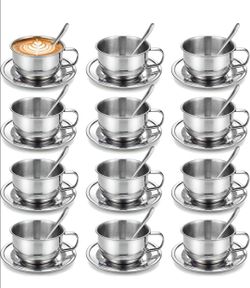 12 Pack Small Stainless Steel Espresso Cup Set, 6.8 oz Silver Tea Cups with Saucer and Spoon Double Wall Coffee Mugs with Handle for Cappuccino, Tea, 
