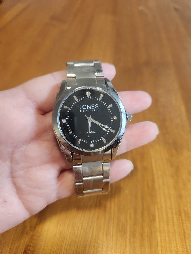 NEW Jones New York Men's Watch, Silvertone With Black Dial & 4 Diamonds-Works Great (SE San Diego)