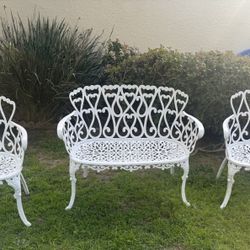 Cast Aluminum Decorative Garden Bench with Two Matching Chairs 