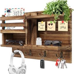 Key Holder Wall Mount, Solid Wood Key and Mail Organizer for Wall(Self Adhesive or Drill), 8 Hooks Key Rack for Entryway Hallway Bedroom Farmhouse Hom