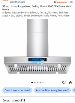 36 inch Island Range Hood Ceiling Mount 1200 CFM Stove Vent Hoods 4-Speed Gesture Sensing &Touch, Ducted/Ductless, Stainless Steel, 4 LED Lights, Time