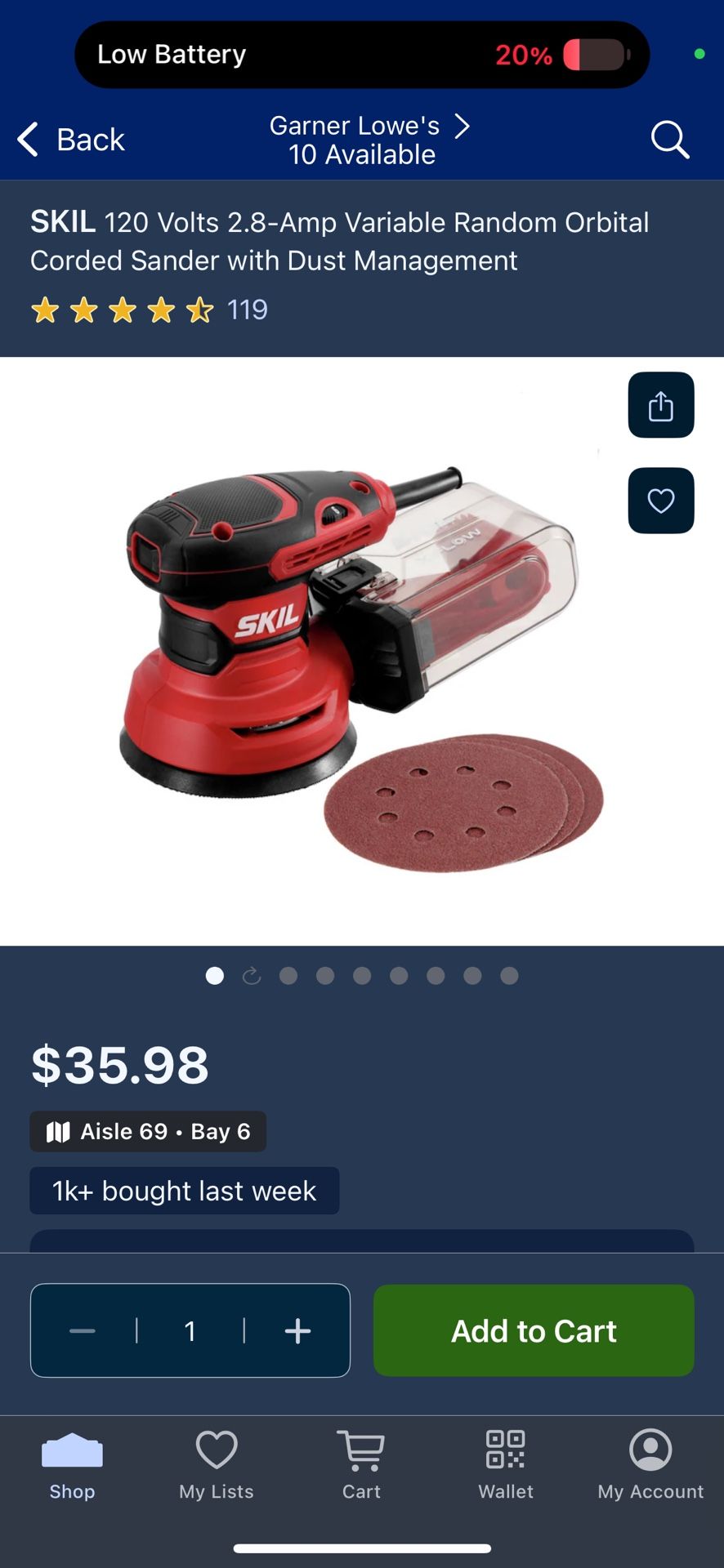 Available ^ SKIL 120 Volts 2.8-Amp Variable Random Orbital Corded Sander with Dust Management