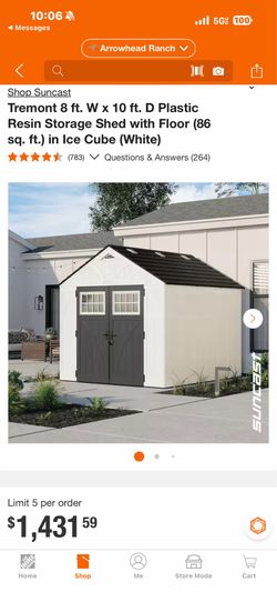 Shop Suncast Tremont 8 ft. W x 10 ft. D Plastic Resin Storage Shed with Floor (86 sq. ft.) in Ice Cube (White)