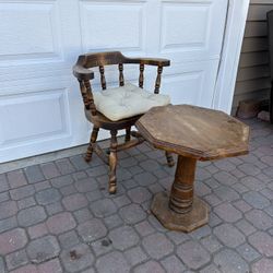 Antique Solid Wood Captain's Arm Chair and Pedestal Table Plant Stand