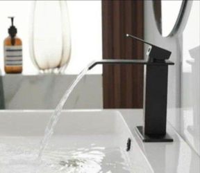 BWE Waterfall Single Hole Single-Handle Low-Arc Bathroom Faucet With Pop-up Drain Assembly in Matte Black