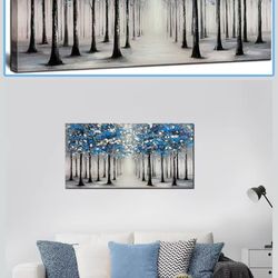 Large Forest Wall Art for Living Room Blue and White Trees Landscape Painting Modern Textured Oil Painting for Bedroom Office Home Decor 20x40 Inch