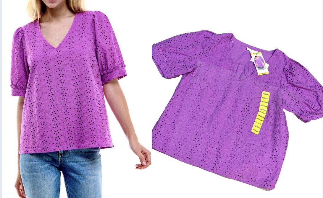 Draper James NWT Short Puff Sleeve Eyelet Blouse Sz M Women’s Purple V Neck