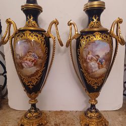 Antique French Sevres Porcelain Paír Of Vases. 23 X 9 Inches