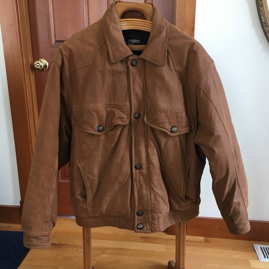 London Fog Brown Leather Bomber Jacket Quilted Lined Coat Size L