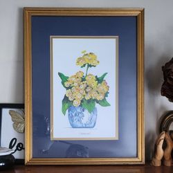 Glass Framed Botanical Art Print Entitled "PRIMROSE I", Depicting Yellow Primula Auricula Flowers!