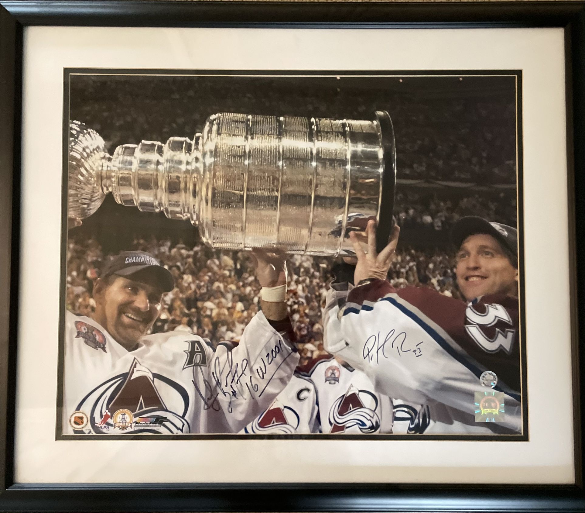 Patrick Roy #33 and Ray Bourque #77 (Mission 16W) Colorado Avalanche NHL 2001 Stanley Cup Celebration Autographed 16X20 Photograph