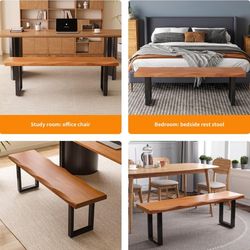 Modern Rustic Solid Wood Bench with Black Metal Legs, Industrial Farmhouse Style, Natural Wood Finish