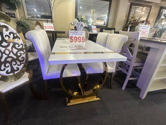 Brand New White Dining Table with Gold Base and 4 Chairs