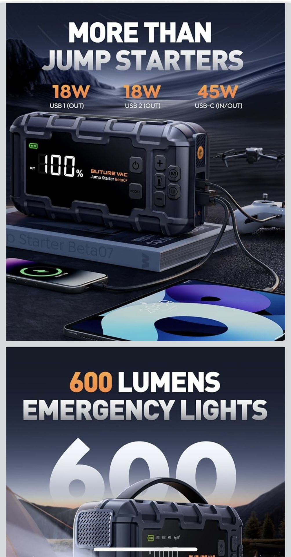 Car Tire Inflator, Battery Jump Starter, Charger