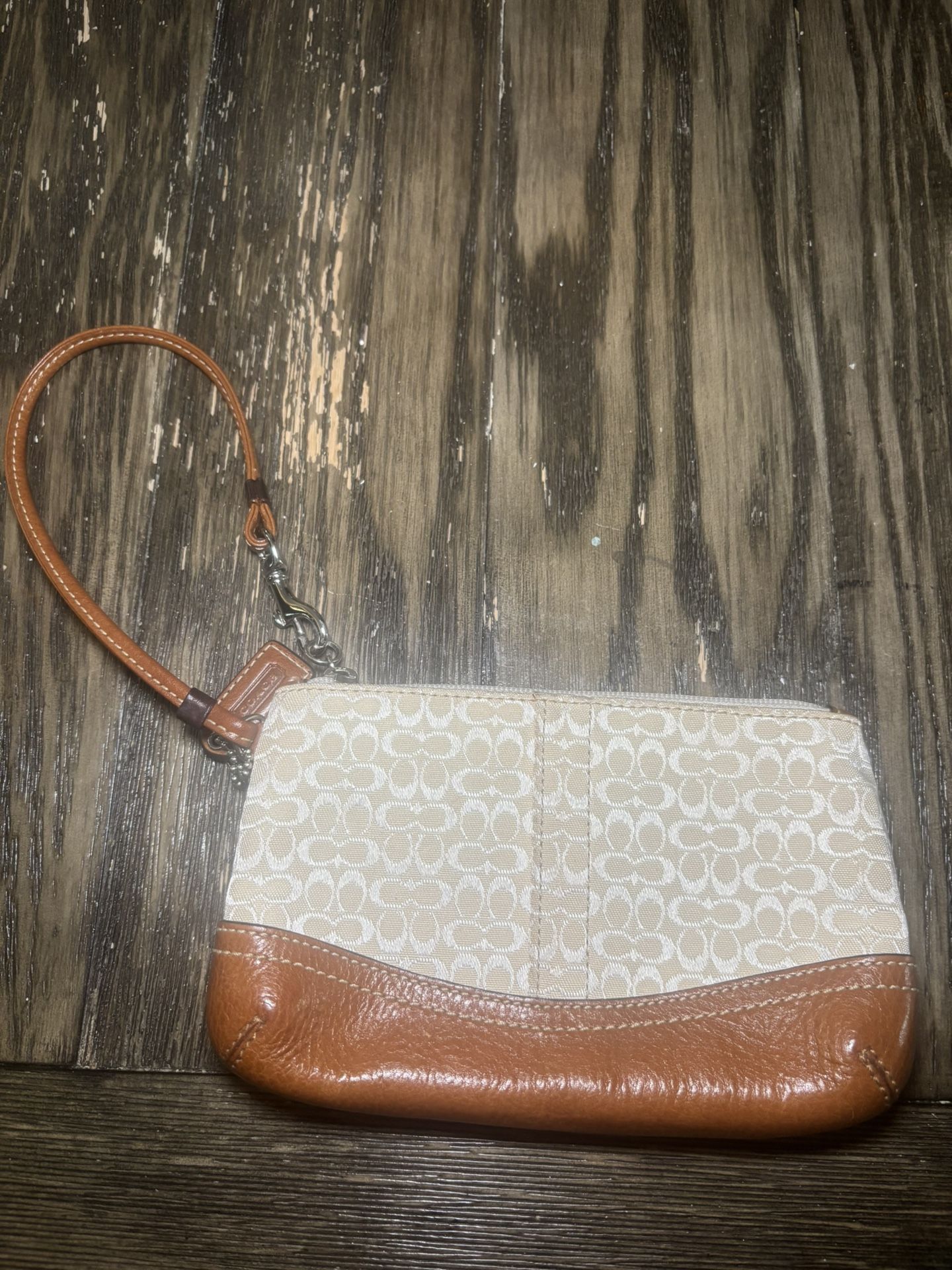 Authentic Coach Signature Wristlet-Brown Leather Trim
