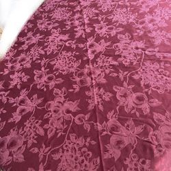 Vintage Burgundy Rose Floral Damask Round Tablecloth 86" Scalloped Edge Crimson