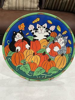 2002 Catzilla Halloween Cats & Pumpkins ceramic platter by Candace Reiter for Henriksen Imports. 16.5”