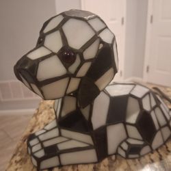 Vintage Tiffany Style Stained Glass Black and White Dog, Bobble Head, Lamp