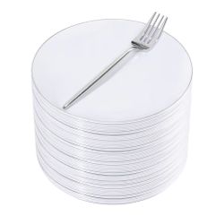 100Pcs White Plastic Dessert Plates 7.5inch,100Pcs Disposable Silver Forks, New