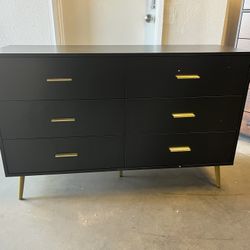 Dresser for Bedroom, 6 Drawer Wood Double Dresser with Gold Handles, Modern Chest of Organizer Storage Drawers for Living Room, Hallway, Entryway,Blac