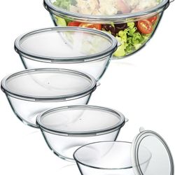 Glass Mixing Bowls with Lids Set of 5(4.78QT,2.2QT,1.7QT,1.1QT,0.85QT),Thick Glass Nesting Bowls for Kitchen Baking,Cooking Prep,Storage,Serving,Large