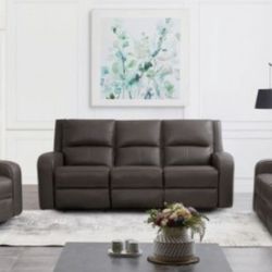 Brand New Dark Grey Leather 3pc Power Reclining Sofa Set