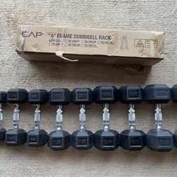 Brand New Rubber Hex Dumbbells with Rack