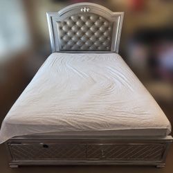 Silver Tufted Bed Frame with Storage Drawers
