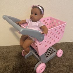 Perfectly Cute Pink Grocery Cart and Baby Doll