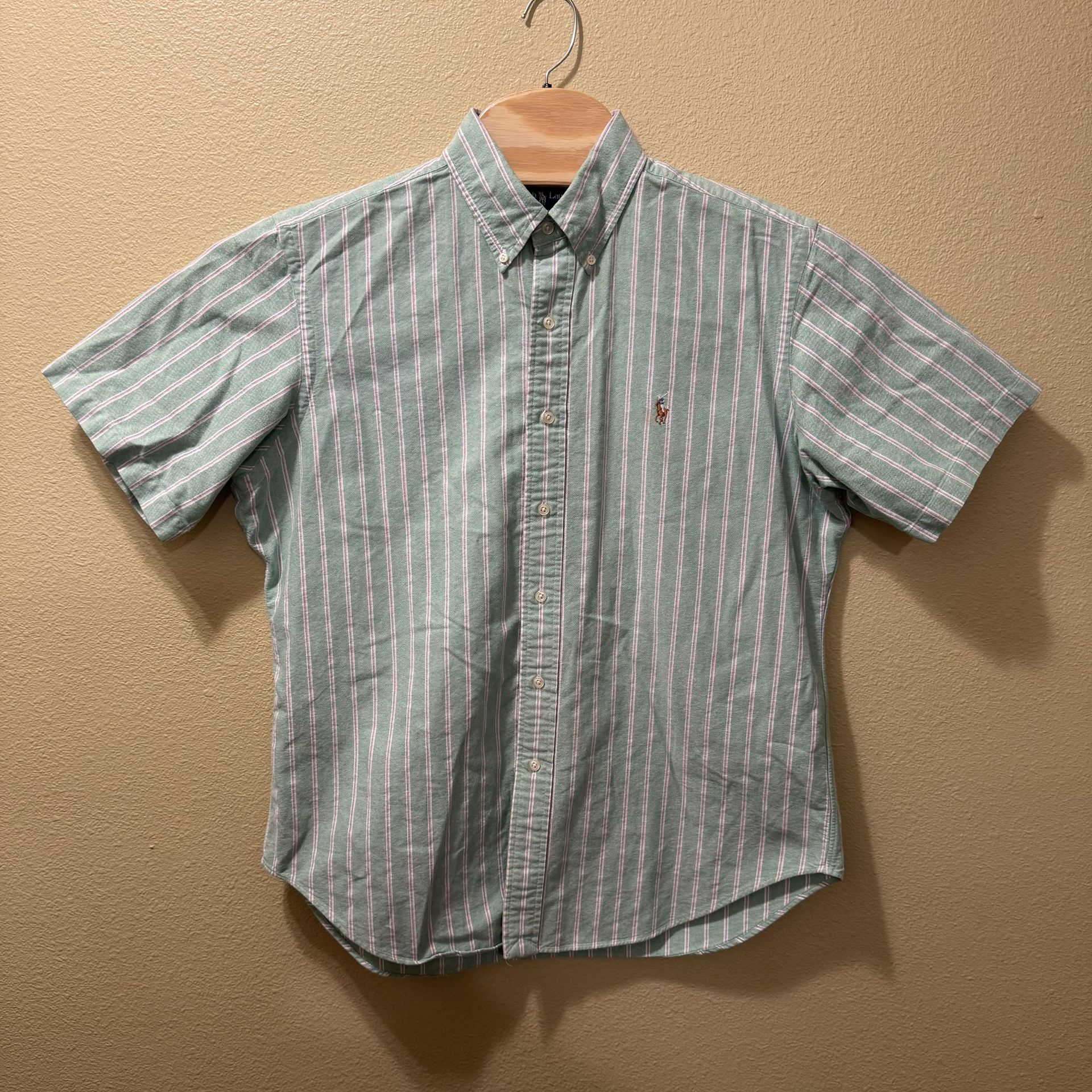 Men’s Large Vintage Ralph Lauren Mint Green White Striped Button Up Shirt