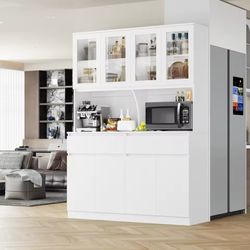 75" x 55" Kitchen Pantry Storage Cabinet with Glass Doors and Drawers, Wide China Cabinet Hutch