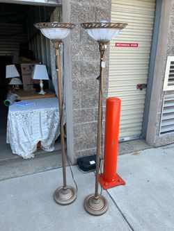 Pair of Bronze Colored Torchiere Floor Lamps with Frosted Glass Bowls