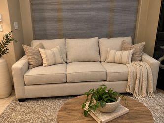 7.5 FT Cream Beige 3-Seater Sofa Couch 90” Modern Neutral Deep Cushion Living Room