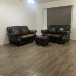 Black & Brown Vintage Leather Love Seat Sets With Ottoman