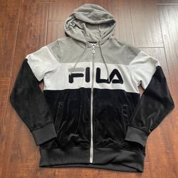 Fila Women Velvet Jacket Outerwear Hoodie Logo Front Black Grey White Medium M