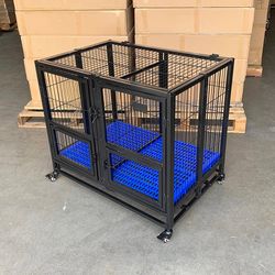 (NEW) $160 Heavy-Duty Dog Cage Crate 37x25x33” Double-Door Folding Kennel w/ Divider, Tray, Wheels