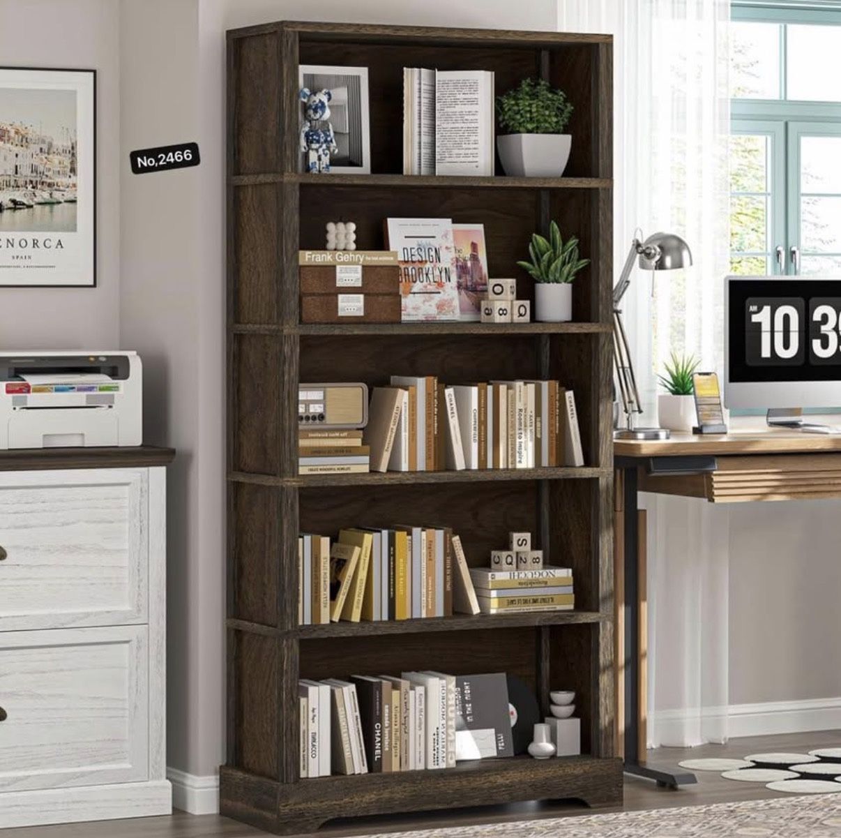 5-Tier Solid Wood Book Shelf, Floor Standing Bookcase, Farmhouse Style Book Case with Arched Base, Suitable for Living Room, Study, Office, Rustic Bro