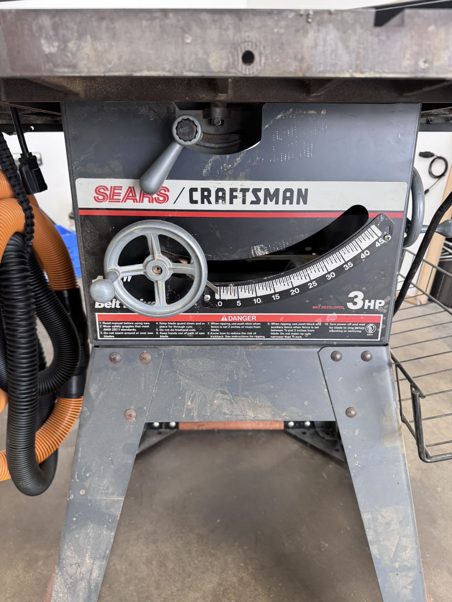 Craftsman Sears Table Saw 3hp 10 Inch Blade With Extras Parts and Vacuum Hose and Bucket
