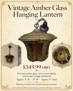 Vintage Spanish Revival Hanging Lantern Amber Glass Blue Accents Gothic 13"