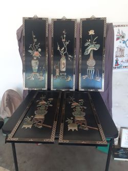 Vintage Chinese lacquered carved soapstone panels